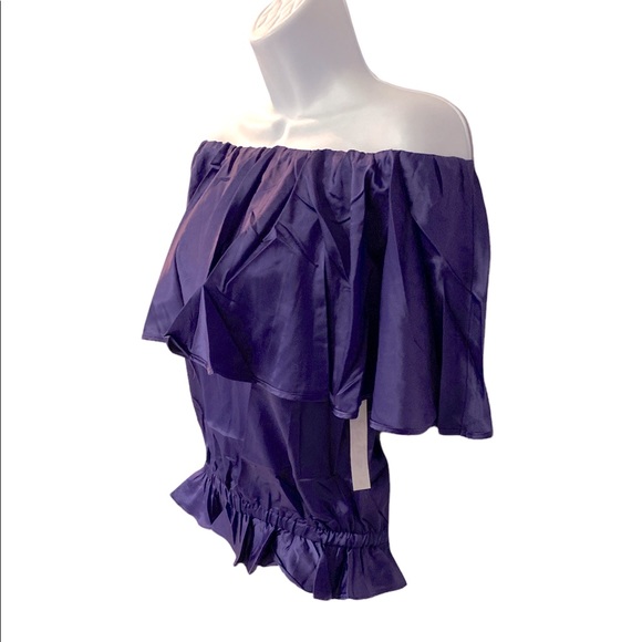 Rachel Lym PURPLE Resort Top Stretch Satin Swim Coverup Ruffle Off Shoulder - Picture 4 of 12